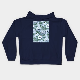 Anemones and Chrysanthemums in Green, Blue and White Kids Hoodie